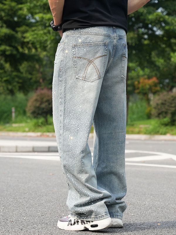 ラインストーン装飾メンズデニムパンツ街系ワイドボトムス