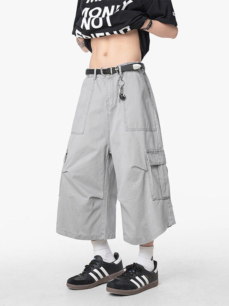 メンズデニムパンツ ワイドシルエット多ポケット七分丈デニムパンツ