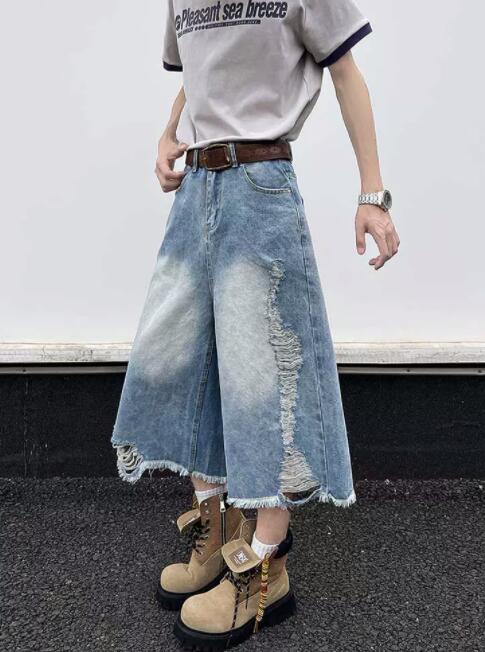 メンズデニムパンツ メンズデニムワイドハーフパンツダメージ加工