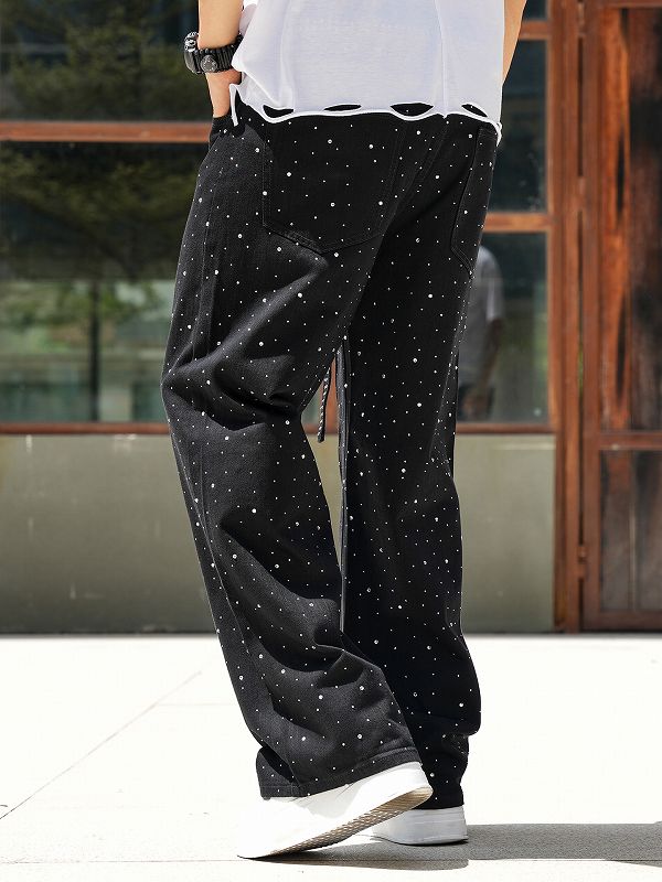 メンズデニムパンツ ラインストーン黒 ワイド