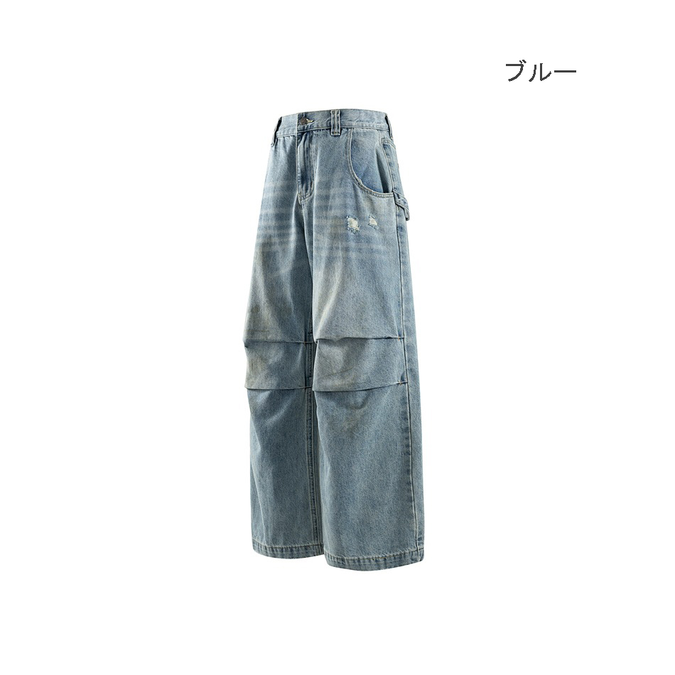 メンズデニムパンツ ダメージ加工カーゴデニムパンツ男女兼用ワイド