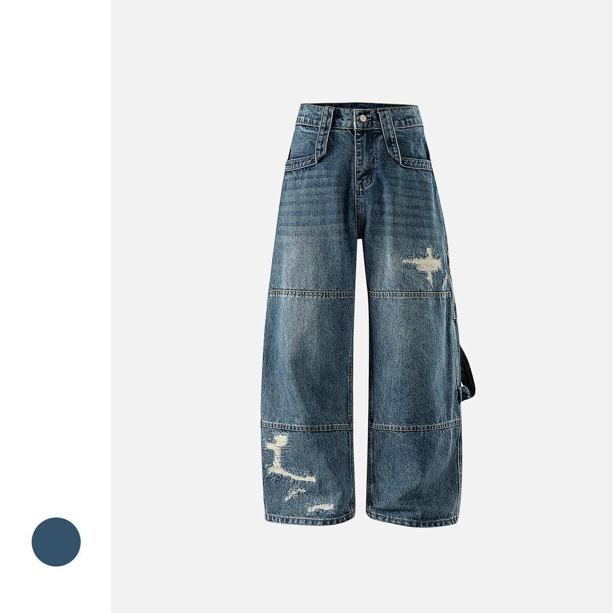 メンズデニムパンツ ダメージ加工ワイドデニムパンツ メンズストリート系