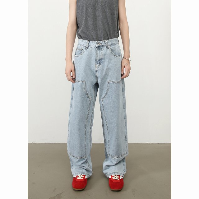 メンズデニムパンツ メンズ ワーク風ストリート系 ワイドデニムパンツ