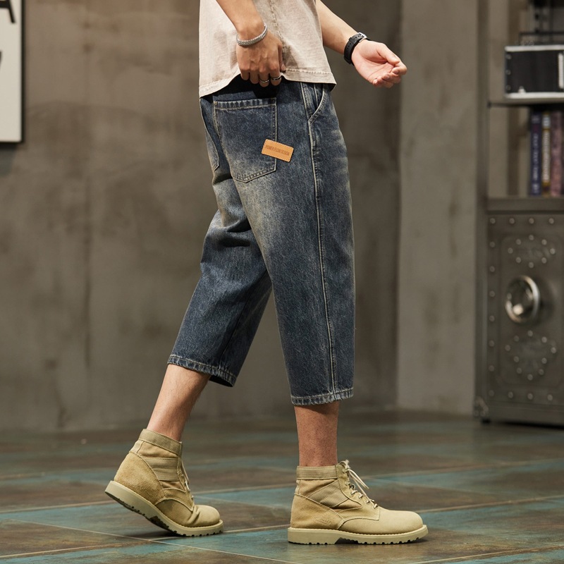 メンズデニムパンツ ヴィンテージ加工ワイドシルエット七分丈デニム