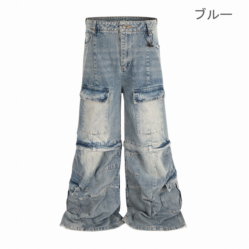 メンズデニムパンツ ビンテージ風 カーゴ ワイドシルエット