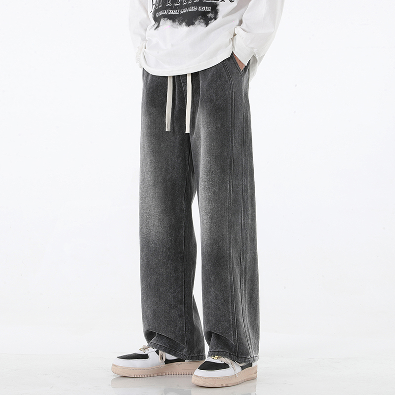 デニムパンツメンズ ワイド ゆったりシルエット 紐付き デニムパンツ