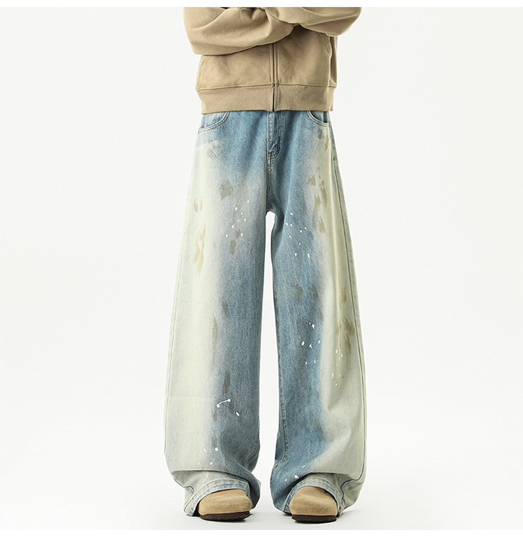 メンズデニムパンツ ビンテージ加工ワイドデニムパンツ男女兼用ストリート系
