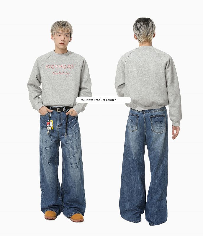 メンズデニムパンツ ワイドシルエット ダメージ加工 ストリート系ボトムス