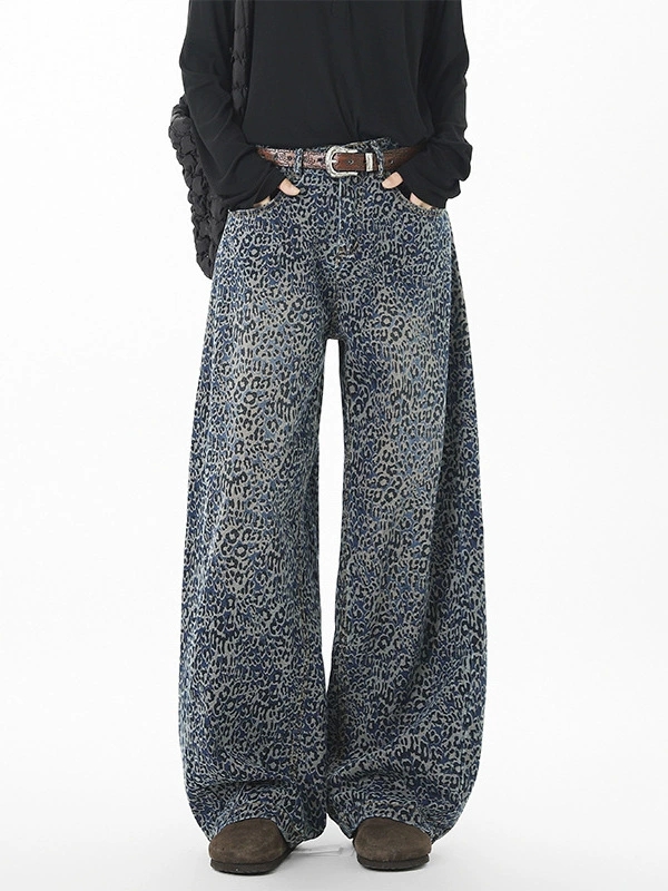 メンズデニムパンツ 豹柄プリントワイド秋冬