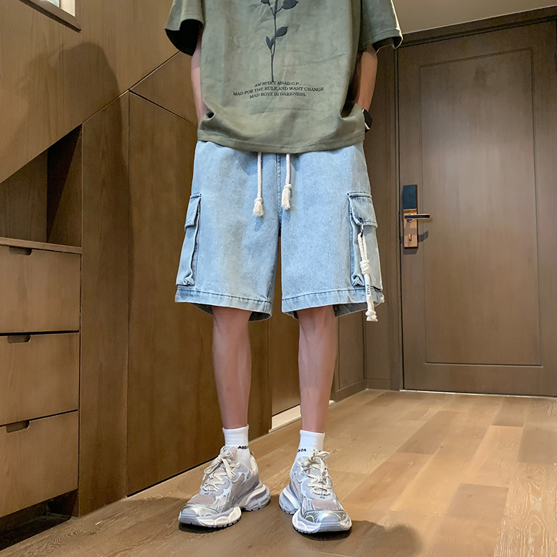 デニムパンツメンズ カーゴ ゆったり楽々ポケット付きデニムハーフパンツ