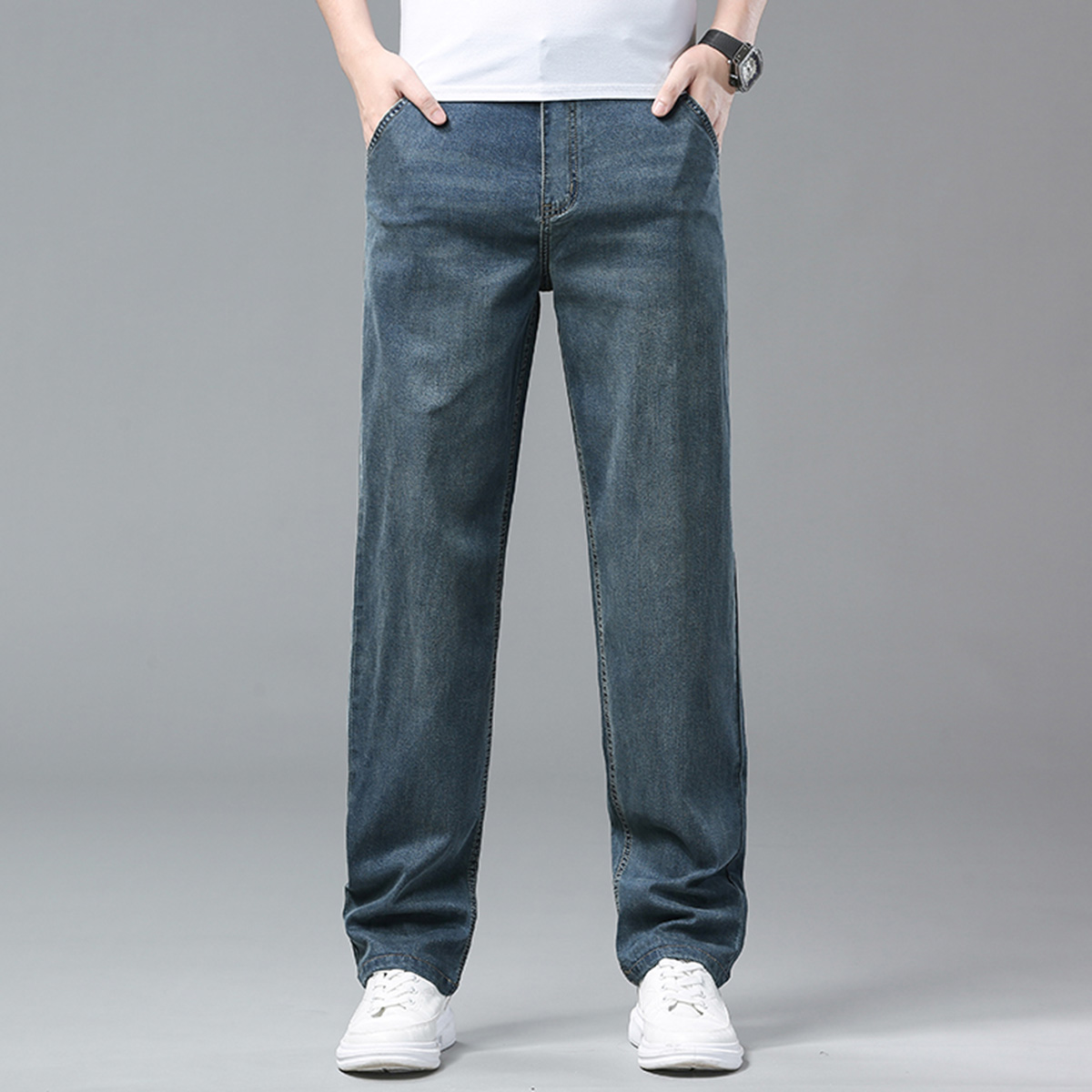 デニムパンツメンズ 快適ストレッチ加工ストレートデニムパンツ
