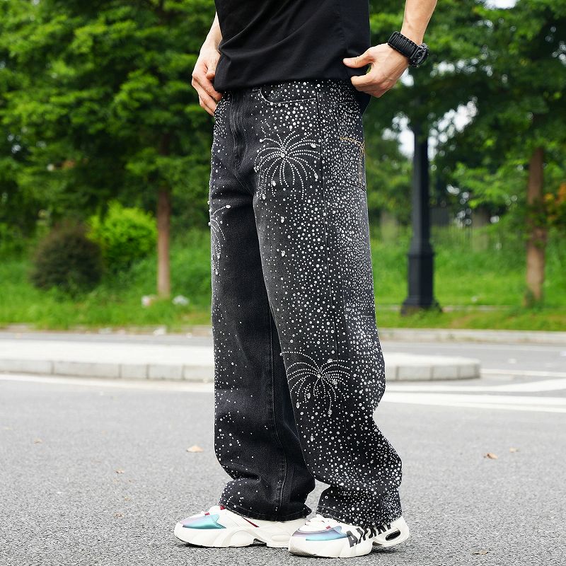 ラインストーン装飾メンズデニムパンツ街系ワイドボトムス