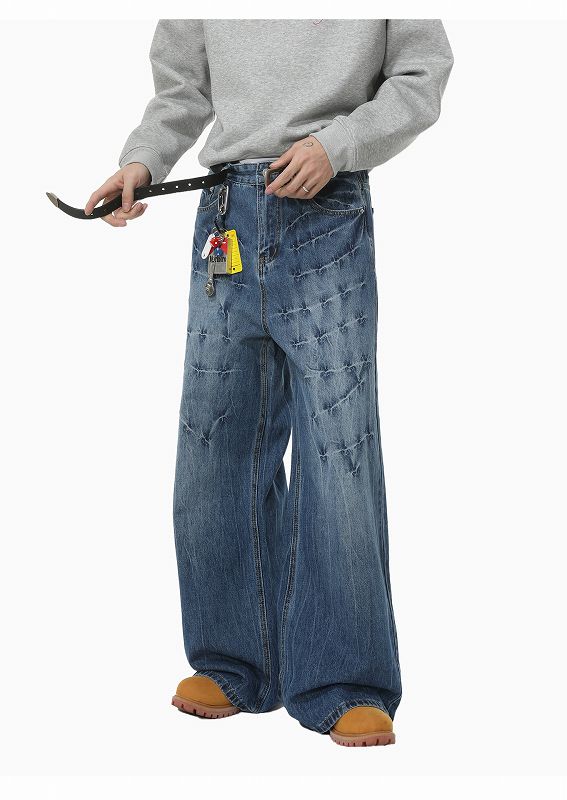 メンズデニムパンツ ワイドシルエット ダメージ加工 ストリート系ボトムス