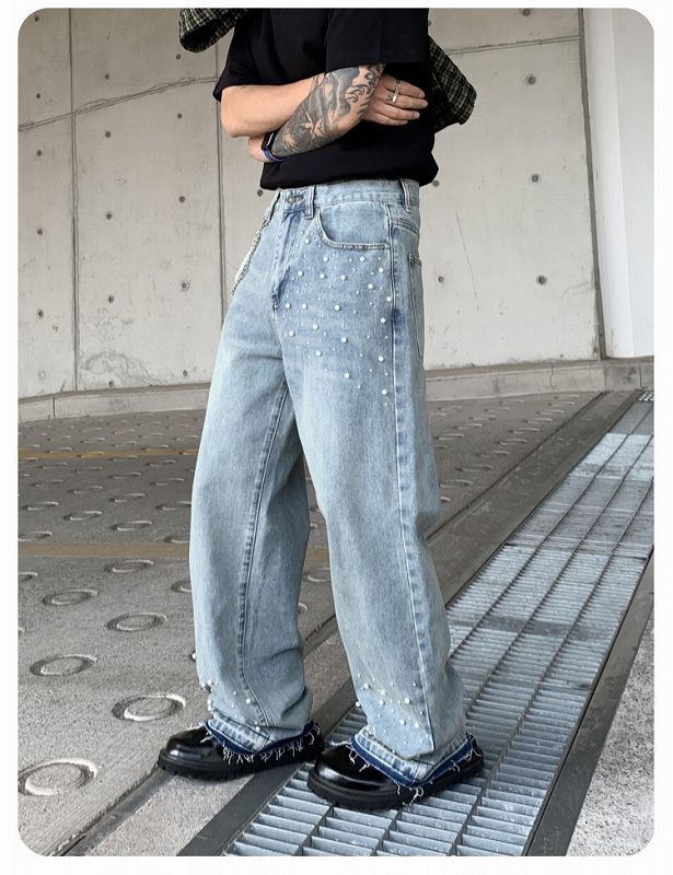 メンズデニムパンツ ラインストーン装飾メンズワイドデニム 男女兼用