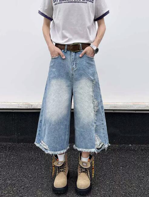 メンズデニムパンツ メンズデニムワイドハーフパンツダメージ加工