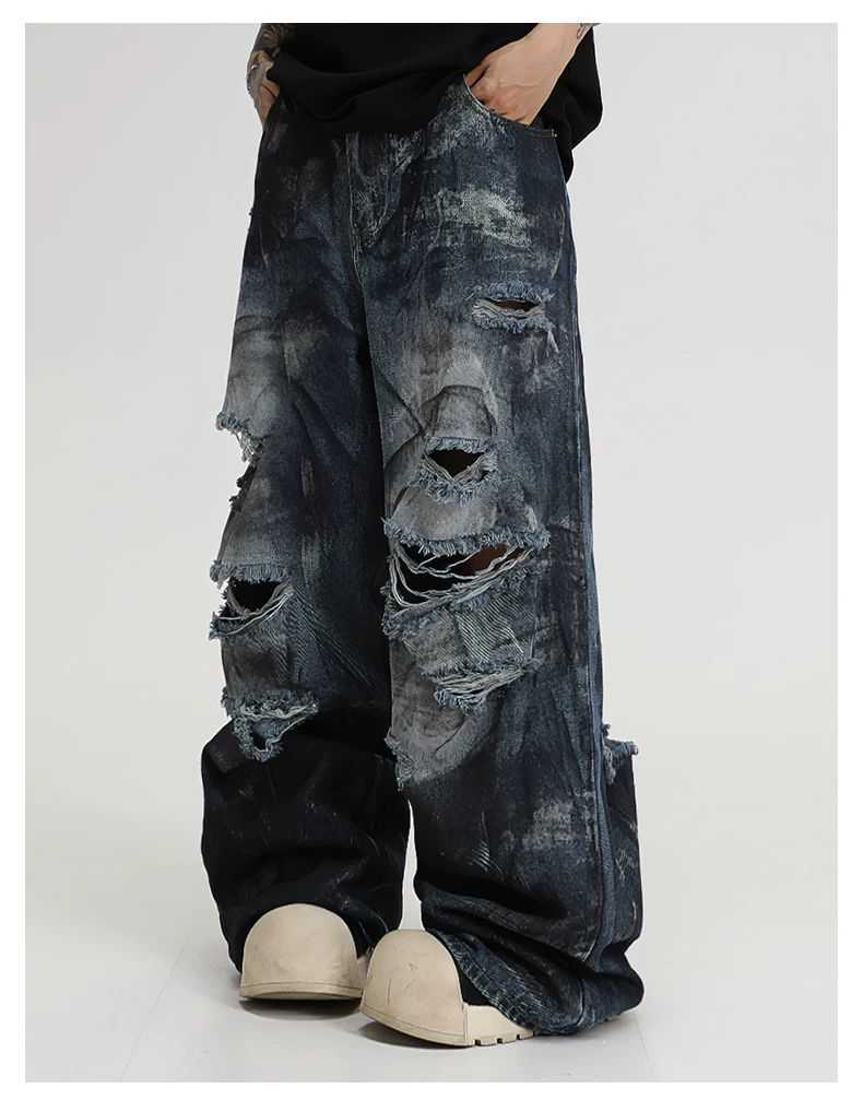 メンズデニムパンツ メンズ ダメージ加工 ワイドデニムパンツ
