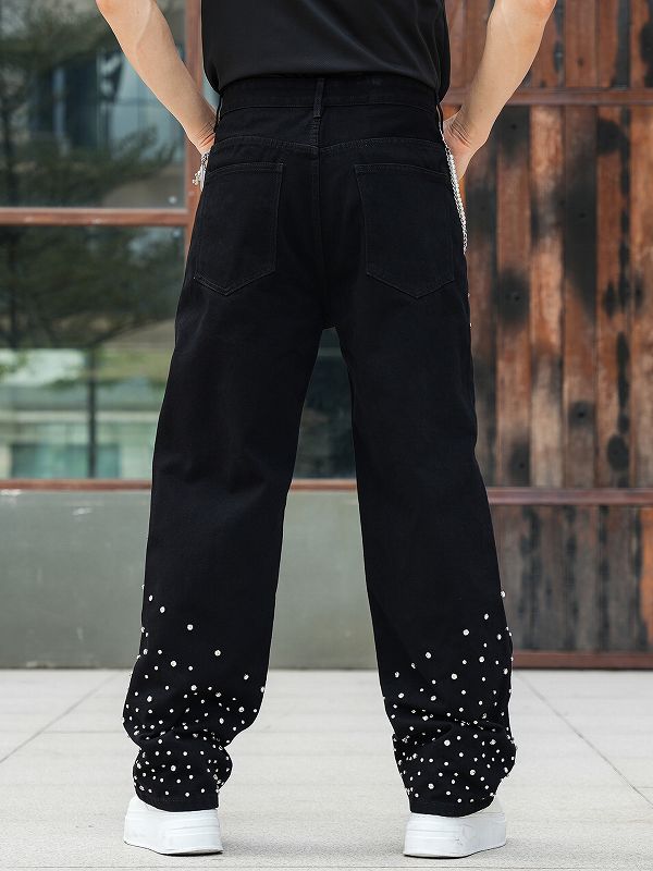 メンズデニムパンツ 男性用ラインストーン装飾デニムパンツ黒色街系新作