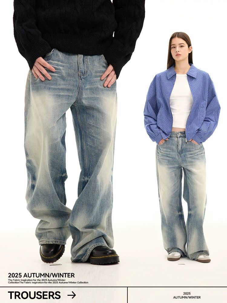 メンズデニムパンツ ビンテージ風ワイドデニムパンツ 男女兼用 秋冬新作