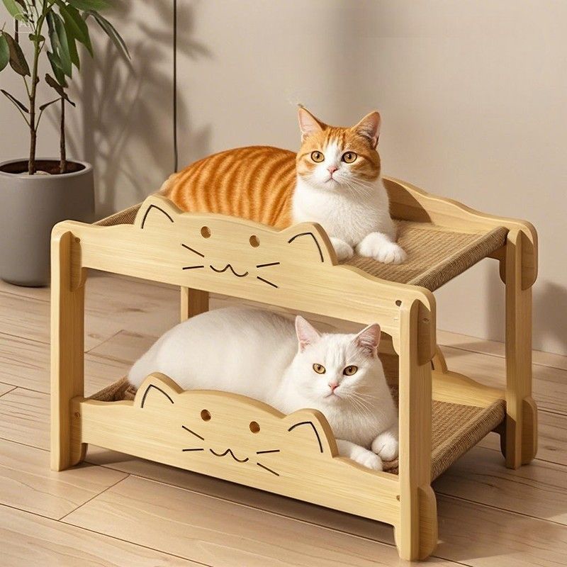 猫ベッド 猫用二段ベッド 木製麻縄 爪とぎ付き ペットベッド