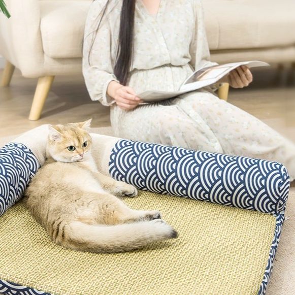 和風波柄い草マット付き涼感猫ベッド
