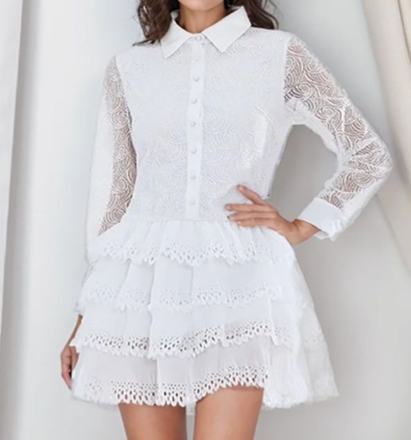 襟付き総レース使いティアードフリルミニワンピース