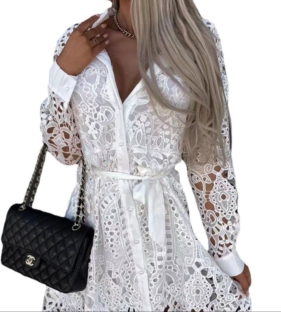 ミニワンピース 総レース長袖シャツ襟ウエストリボンミニワンピース