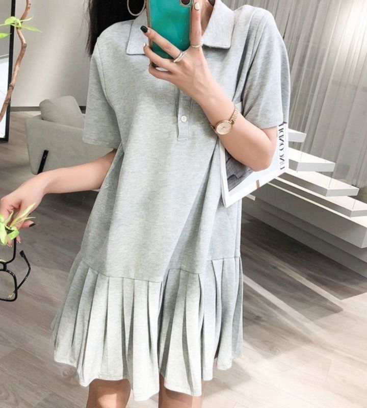 襟付き半袖裾プリーツ切替ミニワンピース