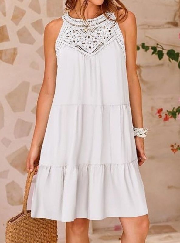 かぎ針編みレース衿ノースリーブティアードミニワンピース