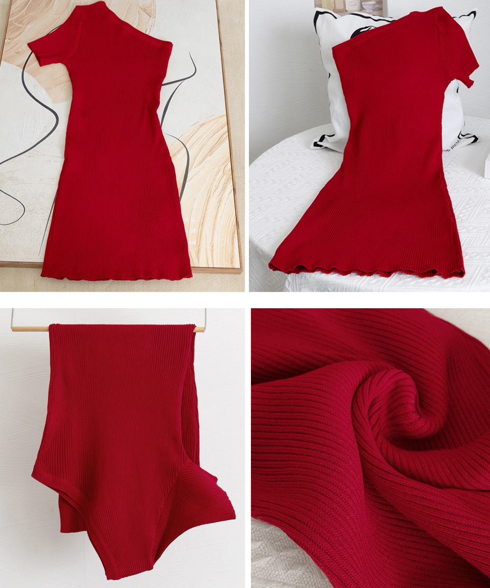 ミニワンピース リブニットワンピース ワンショルダー 着痩せミニワンピ