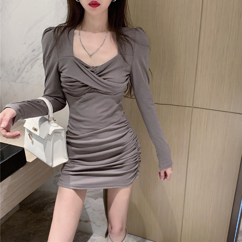 クロスデザイン長袖タイトミニワンピース2色