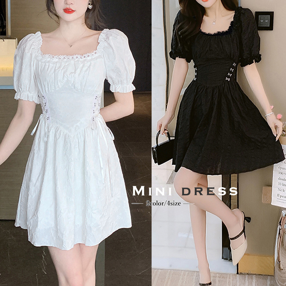 スクエアネック パフ袖 ミニワンピース レースアップ