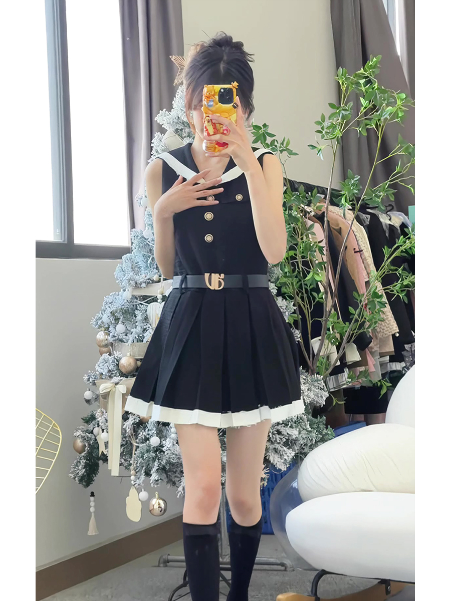 ミニワンピース セーラー襟プリーツ ノースリーブミニワンピース
