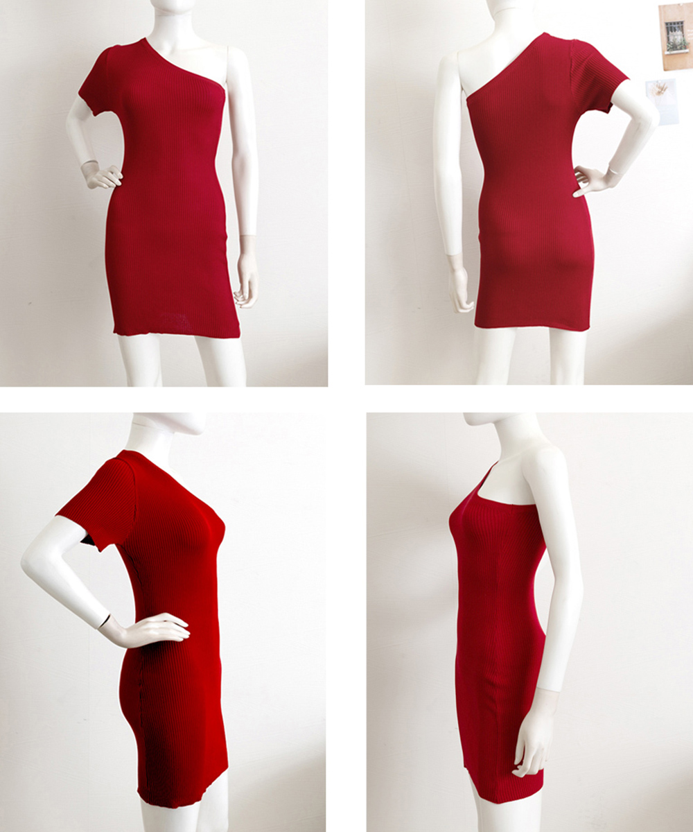 ミニワンピース リブニットワンピース ワンショルダー 着痩せミニワンピ