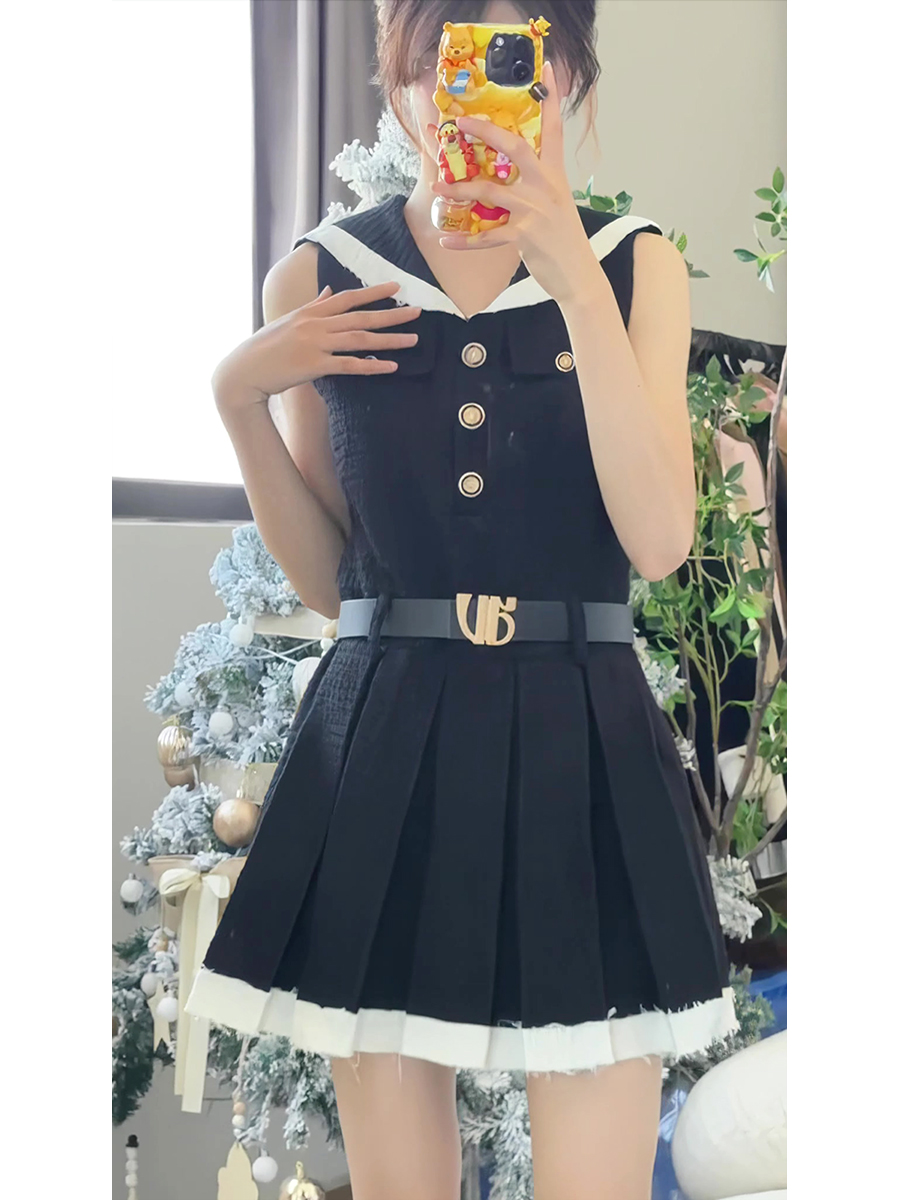 ミニワンピース セーラー襟プリーツ ノースリーブミニワンピース
