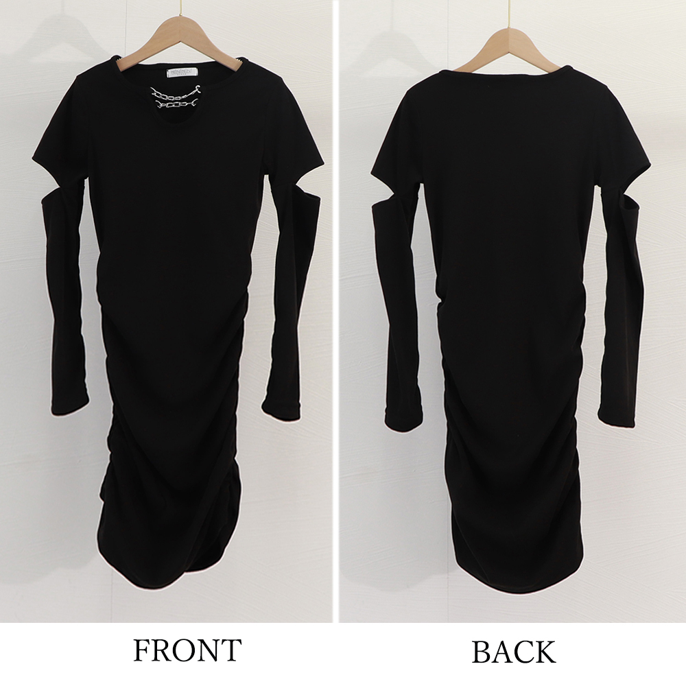 黒色長袖ミニワンピース チェーン装飾タイトワンピ