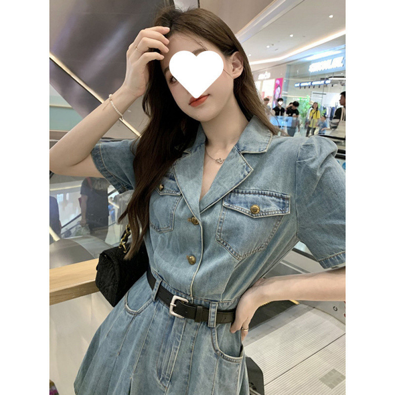 ミニワンピース レトロ襟付きプリーツデニムワンピース
