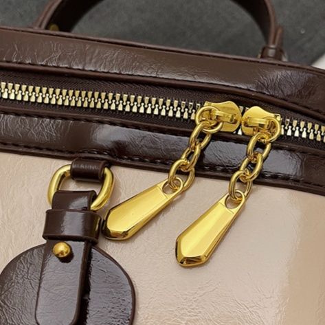 ミニバッグ バニティ型艶感合成皮革二重ファスナーミニバッグ