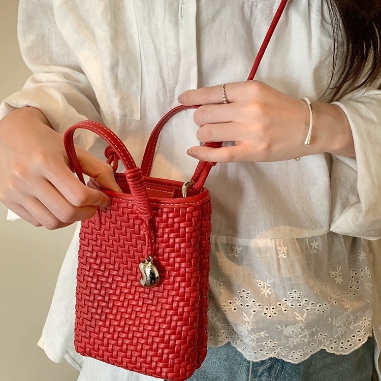ミニバッグ メッシュ編み込みバケツ型ミニバッグ
