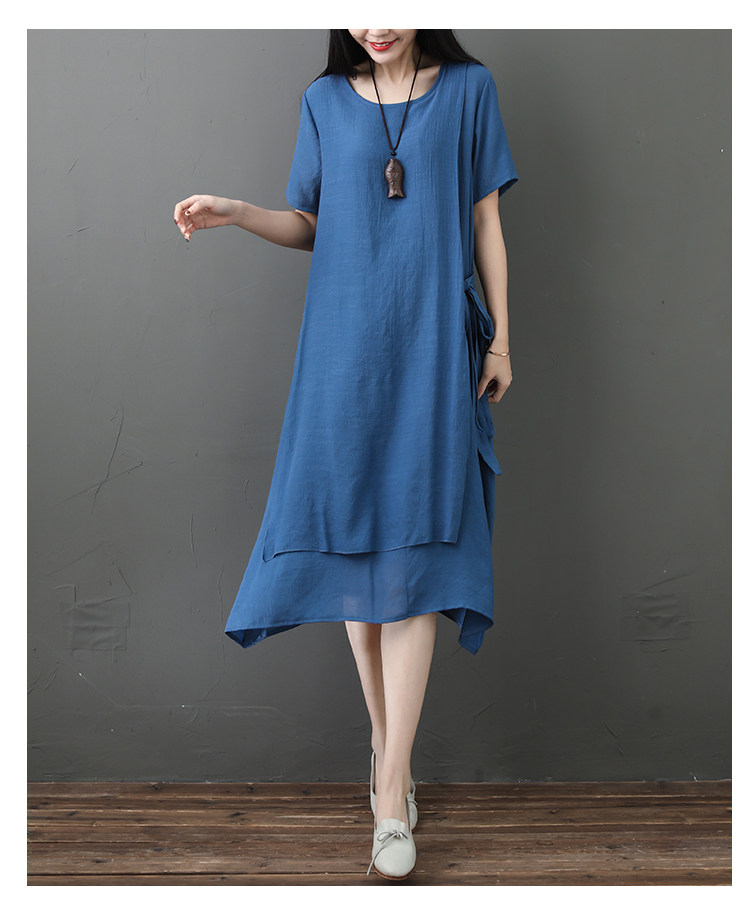 パーティードレス 二重仕立てアシンメトリー裾麻混ゆったりワンピース