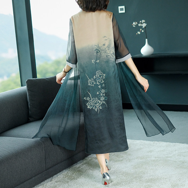 パーティードレス シフォンショール付き花刺繍ミディ丈ワンピース