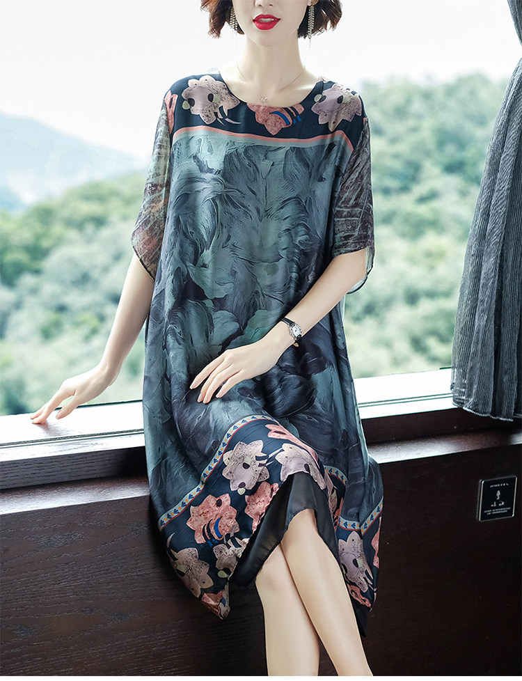 パーティードレス 花柄切替デザイン五分袖シルク調ワンピース