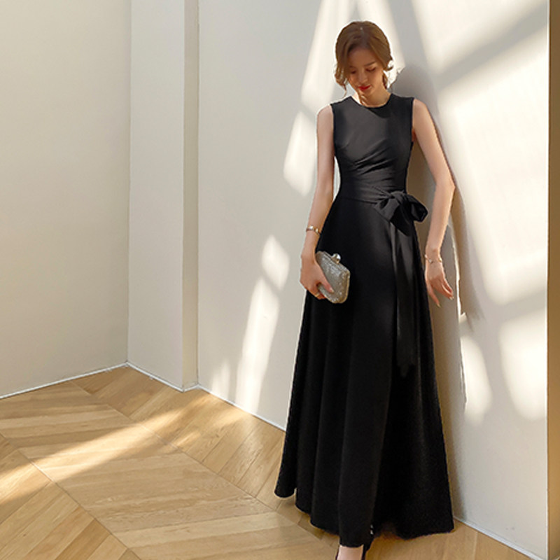 パーティードレス サイドリボンドレープノースリーブロング丈ワンピース