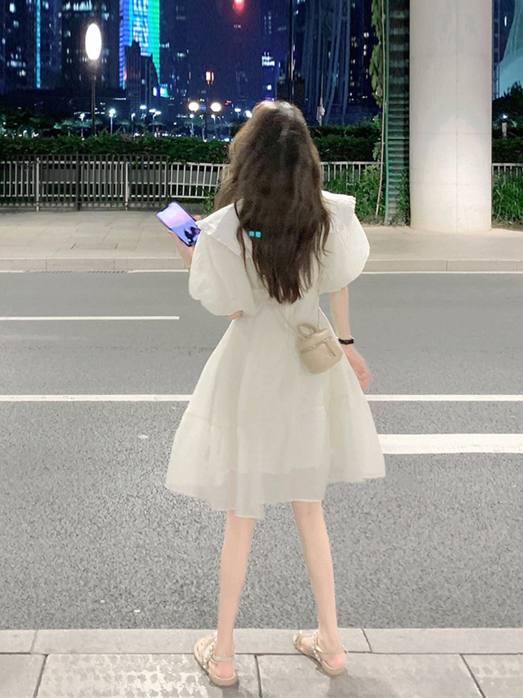 パーティードレス フリル袖リボン付き膝丈エアリーワンピース