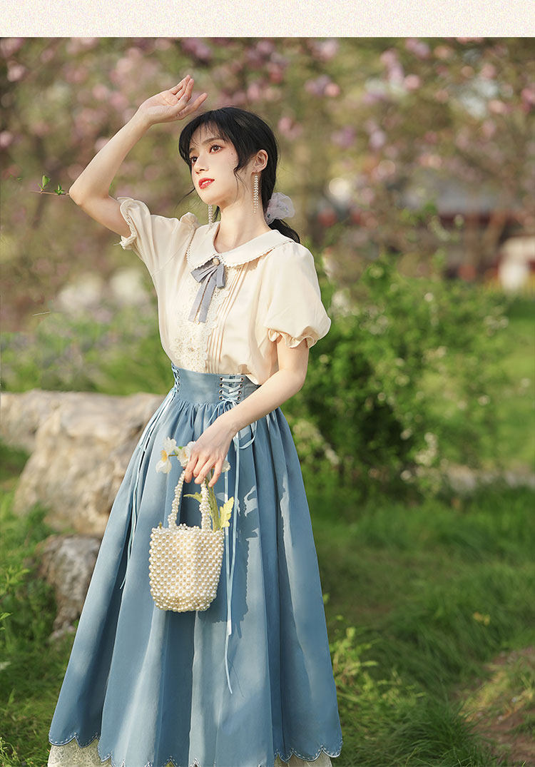 パーティードレス パフスリーブリボン付きロングボリュームスカートワンピース