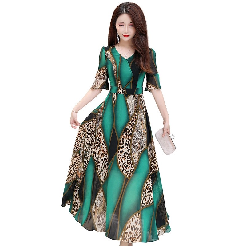 パーティードレス 豹柄スカーフ柄シフォンフレア袖ロング丈ワンピース