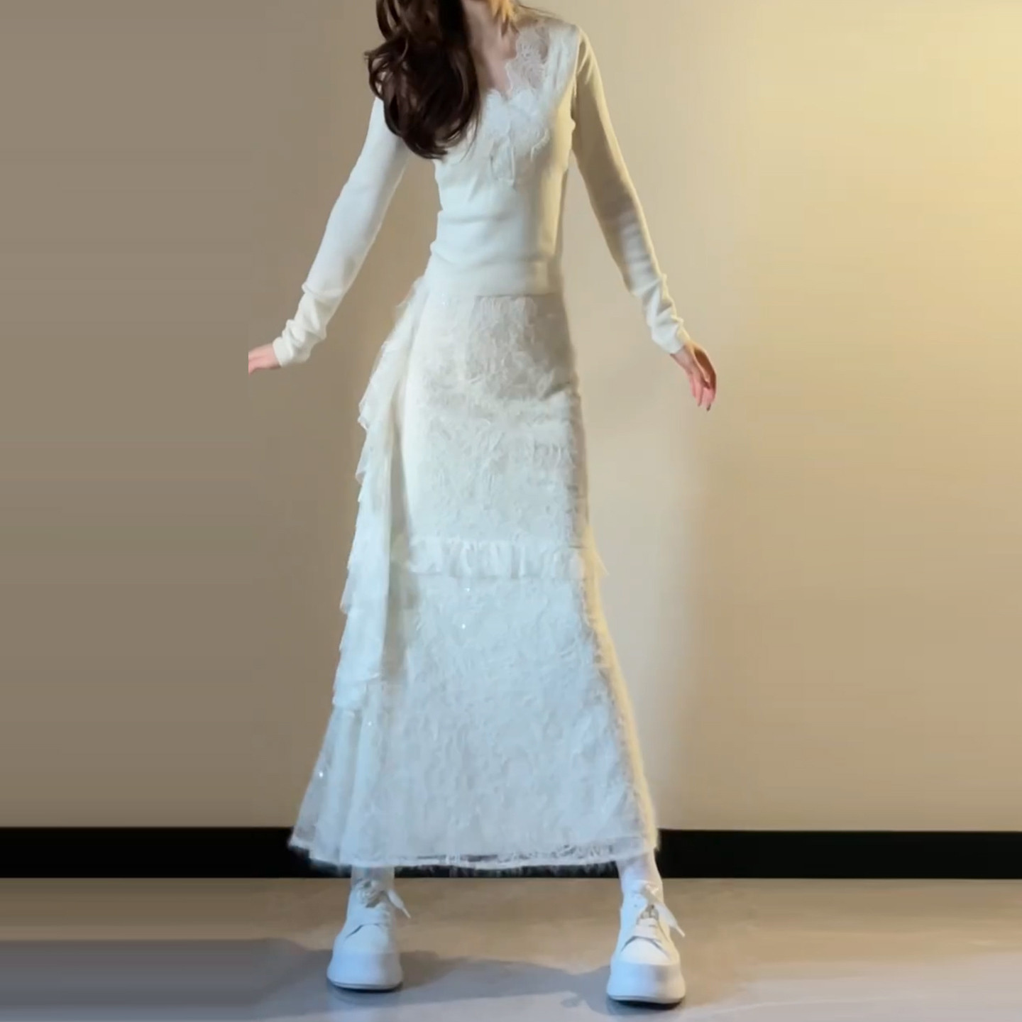 パーティードレス 長袖チュール切替マーメイドラインワンピース