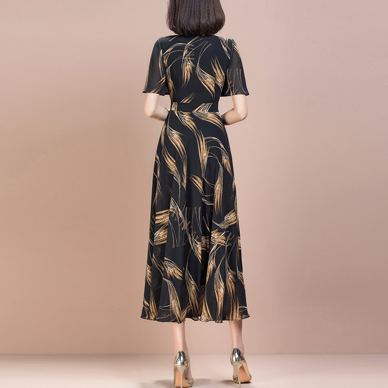 パーティードレス 羽根柄シフォンフレア袖ロング丈ワンピース