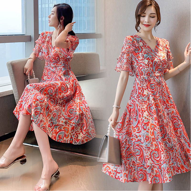 パーティードレス ペイズリー柄フレア袖五分袖ウエストマーク膝丈ワンピース