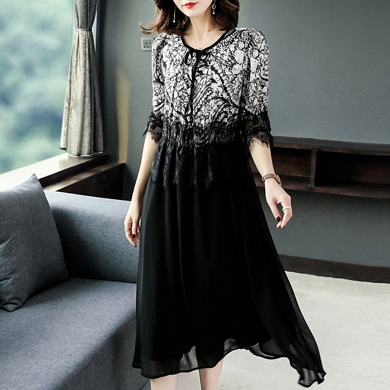 パーティードレス 花柄刺繍レース袖付きシフォン切替ワンピース