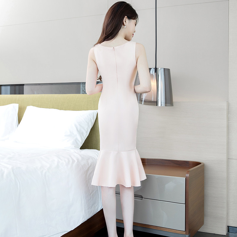 パーティードレス 非対称フリルヘム深襟ノースリーブワンピース